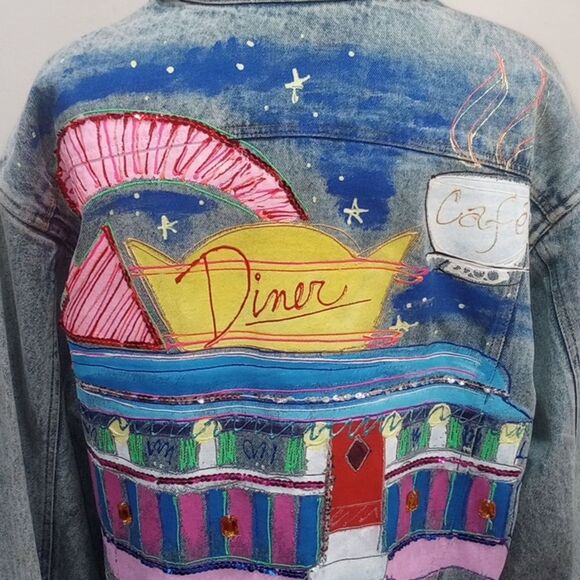 Vintage 80's Sportdeco Diner Acid Wash Hand Painted Embellished Denim Jacket - M - Picture 8 of 13